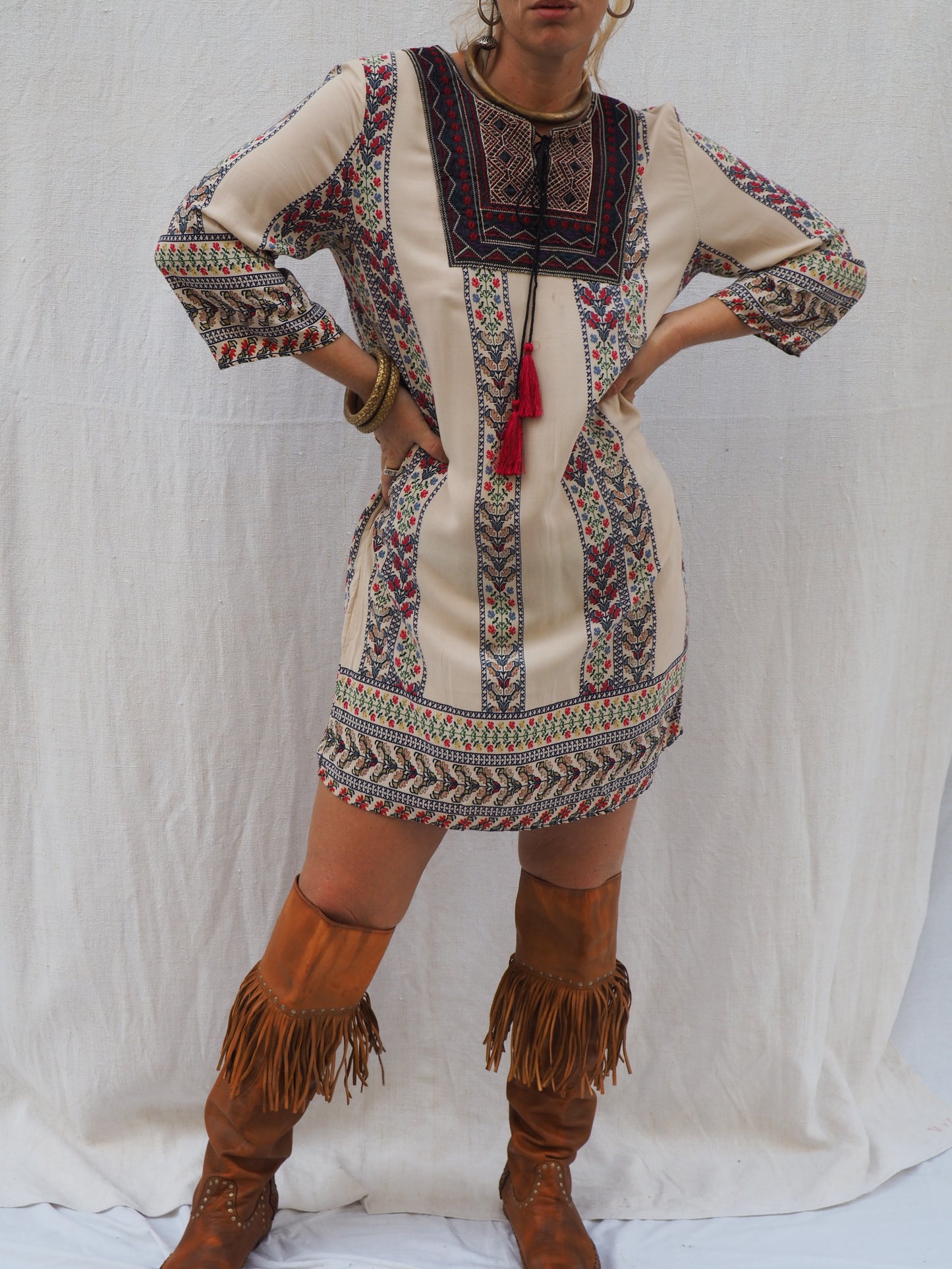 Vintage 1970s Printed Dress with Embroidered Neckline