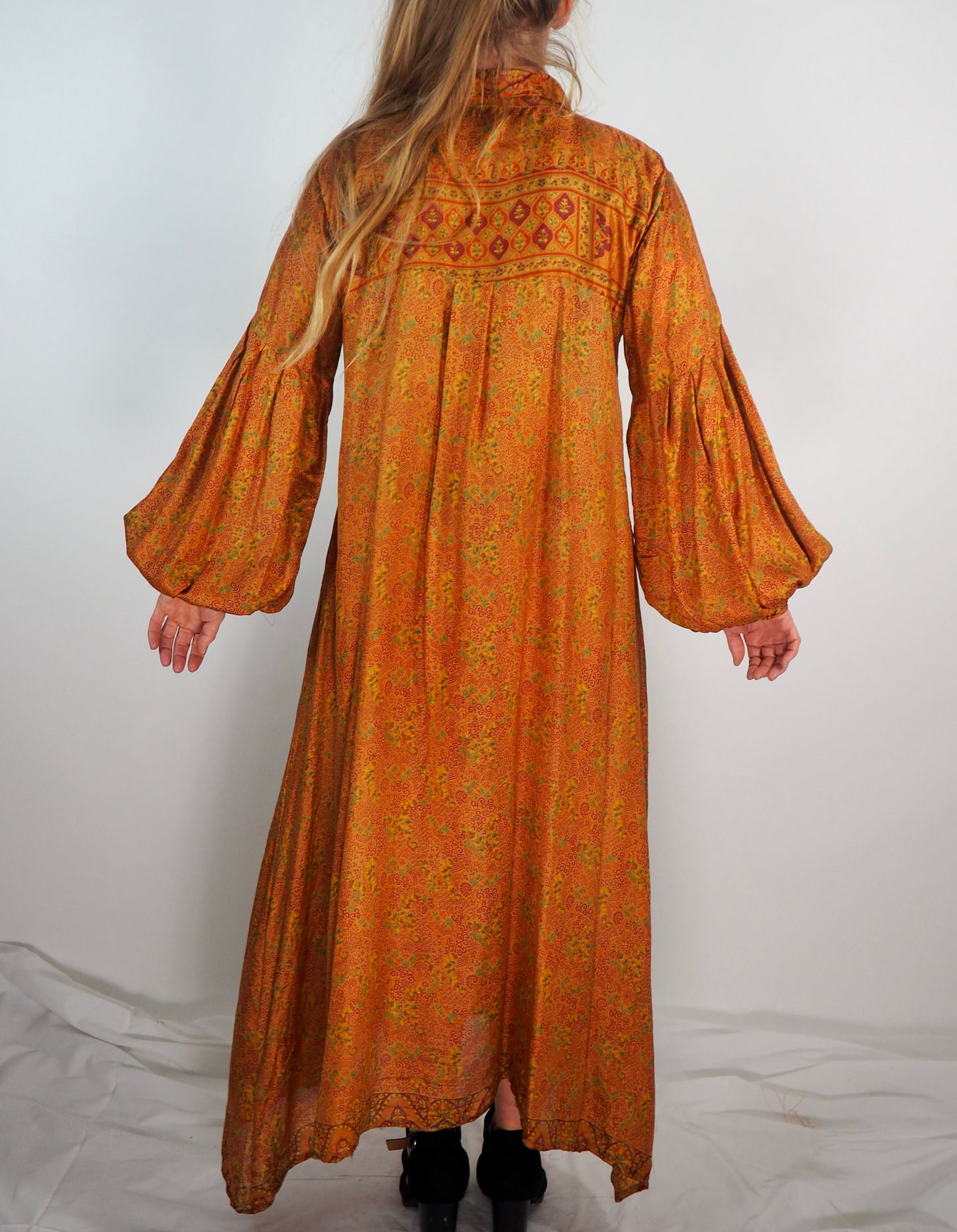 The Lenya Up-cycled Vintage Sari Dress – Sustainable Boho Dress with Oversized Sleeves Matching Scrunchy & Storage Bag