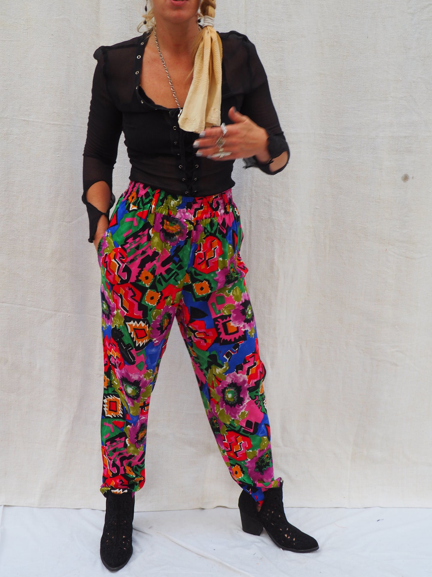 Vintage 1980s Colorful Cotton Printed Pants – Retro Geometric & Floral High-Waisted Trousers