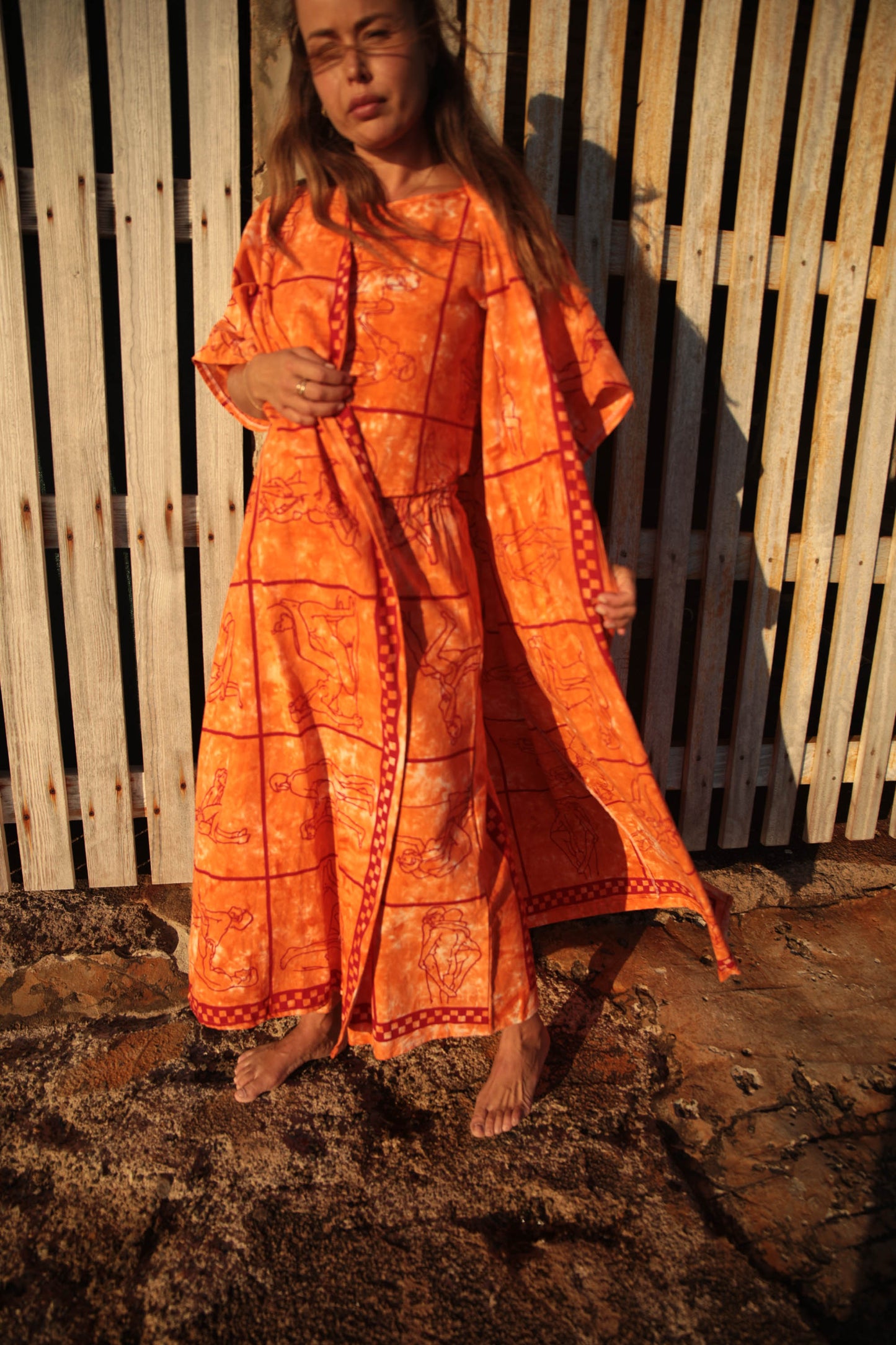 Up-cycled vintage cotton 3 piece set top and pants and mid length kimono cover up with printed karma sutra design in bright orange