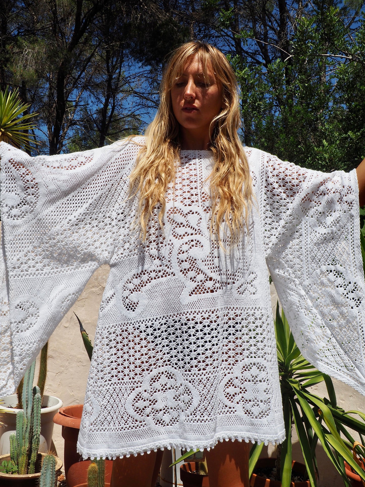 White vintage crochet bell sleeve shirt dress up-cycled by Vagabond Ibiza made in our atelier in Ibiza