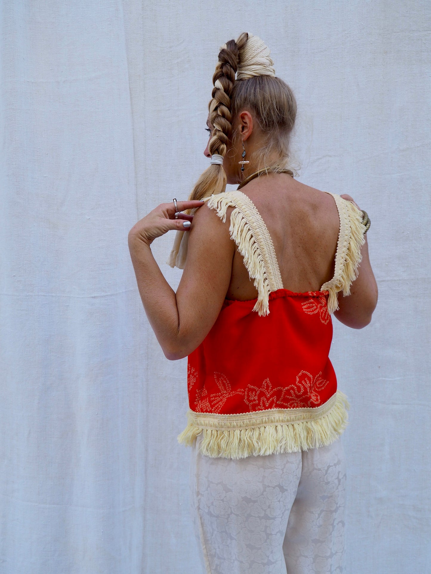 Up-cycled Vintage Silk Kimono Top with Fringed Trim – Handmade Bohemian Style