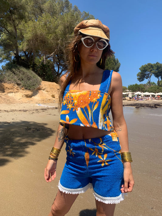 Up-cycled 2 piece terry towelling set made by Vagabond Ibiza bright blue with orange floral detail