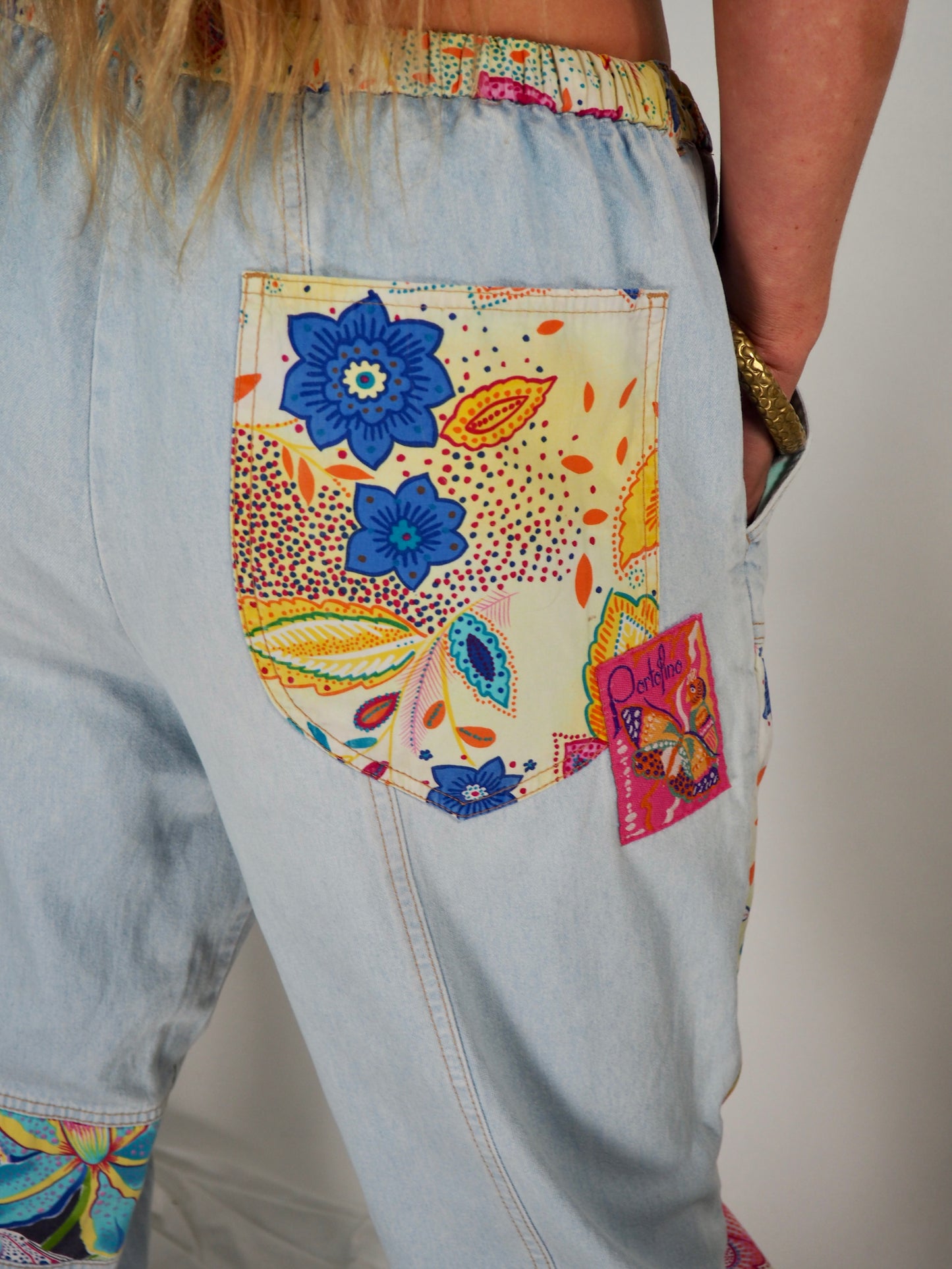 Vintage 1980s Denim Patchwork Pants a bold and playful statement piece