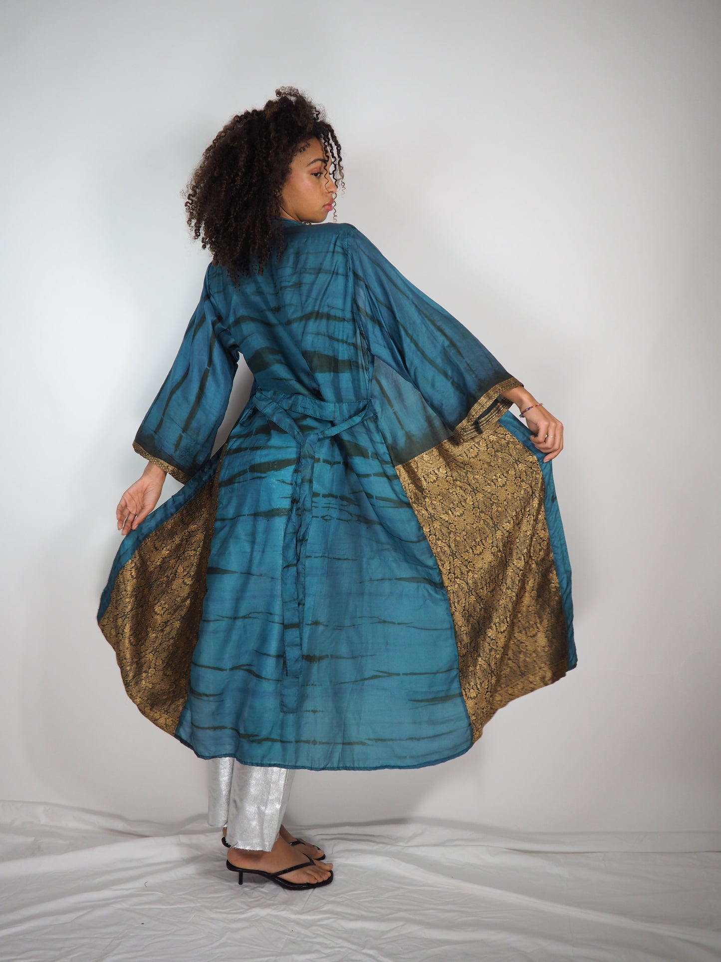 The Kardash Long Kimono – Up-cycled Vintage Sari long Kimono Robe with Waist Tie + Matching Scrunchy & Storage Bag