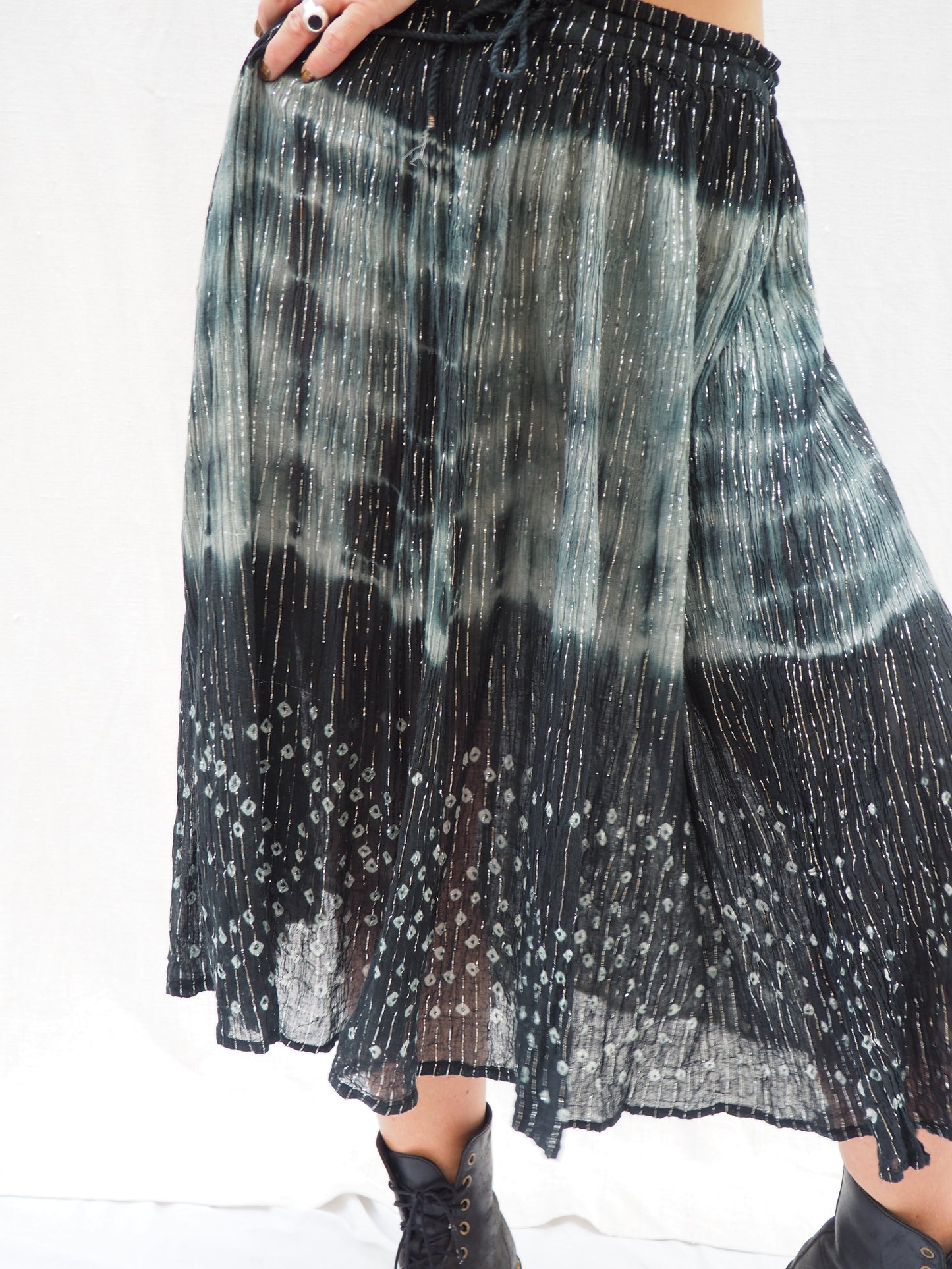 Vintage 1970s Indian Cotton Gauze Skirt with Tie-Dye and Silver Thread Detail