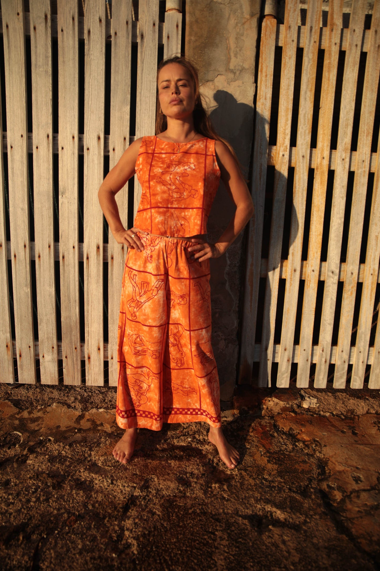 Up-cycled vintage cotton 3 piece set top and pants and mid length kimono cover up with printed karma sutra design in bright orange