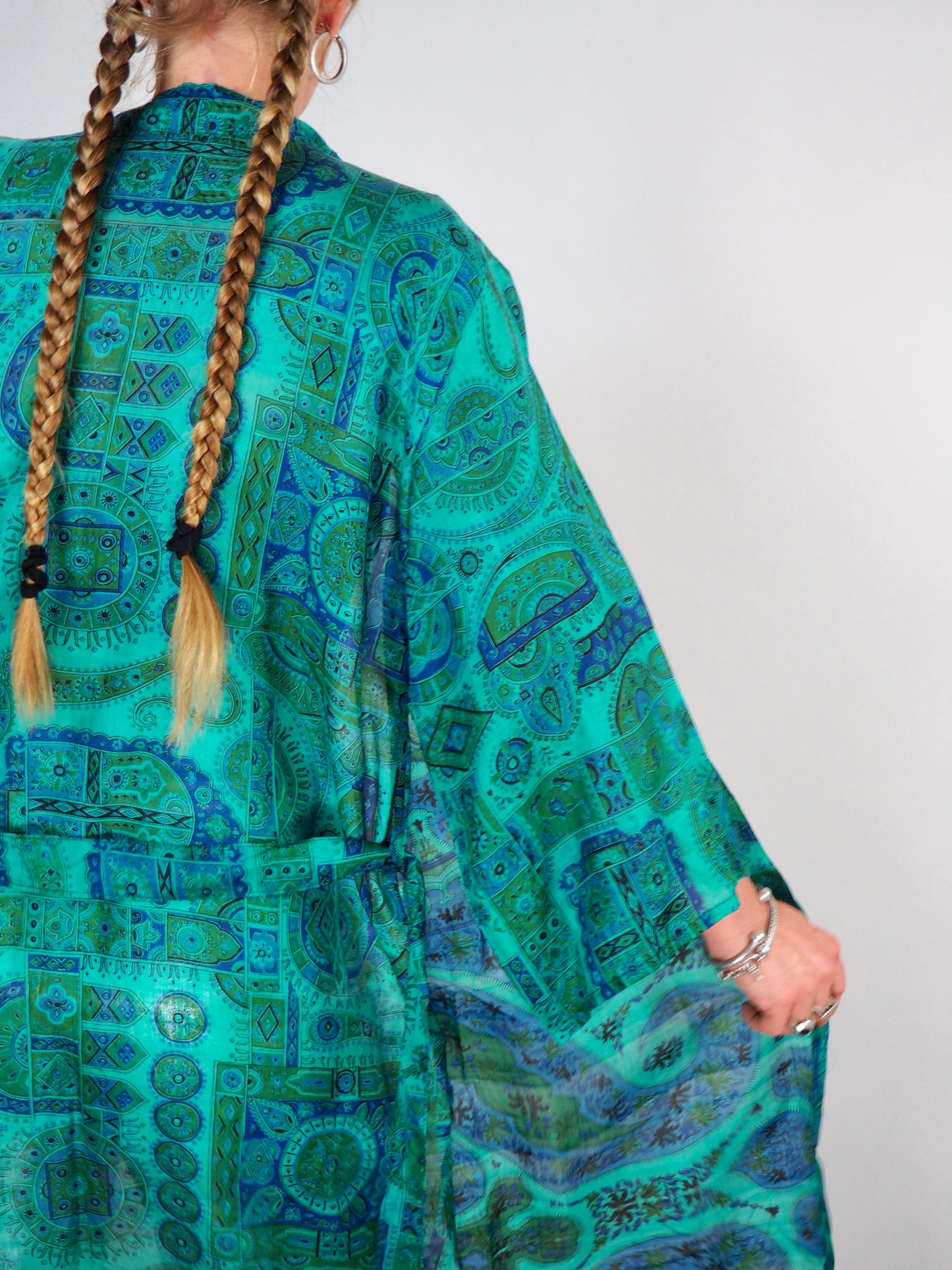 The Kardash Long Kimono – Up-cycled Vintage Sari long Kimono Robe with Waist Tie + Matching Scrunchy & Storage Bag