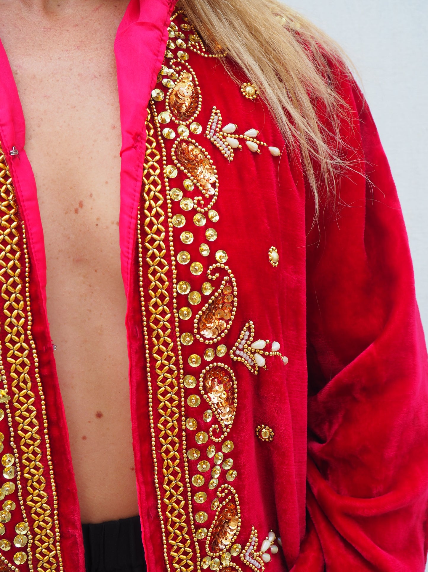 Vintage 1980s Red Velvet Jacket with Gold Sequin and Beaded Detailing