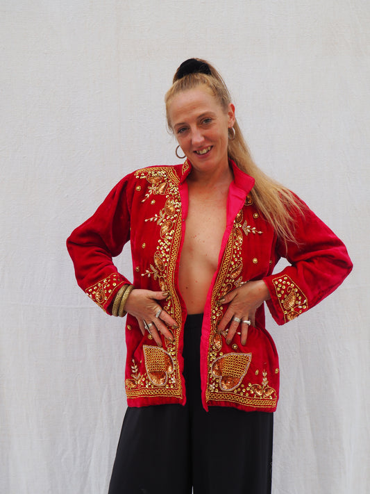 Vintage 1980s Red Velvet Jacket with Gold Sequin and Beaded Detailing