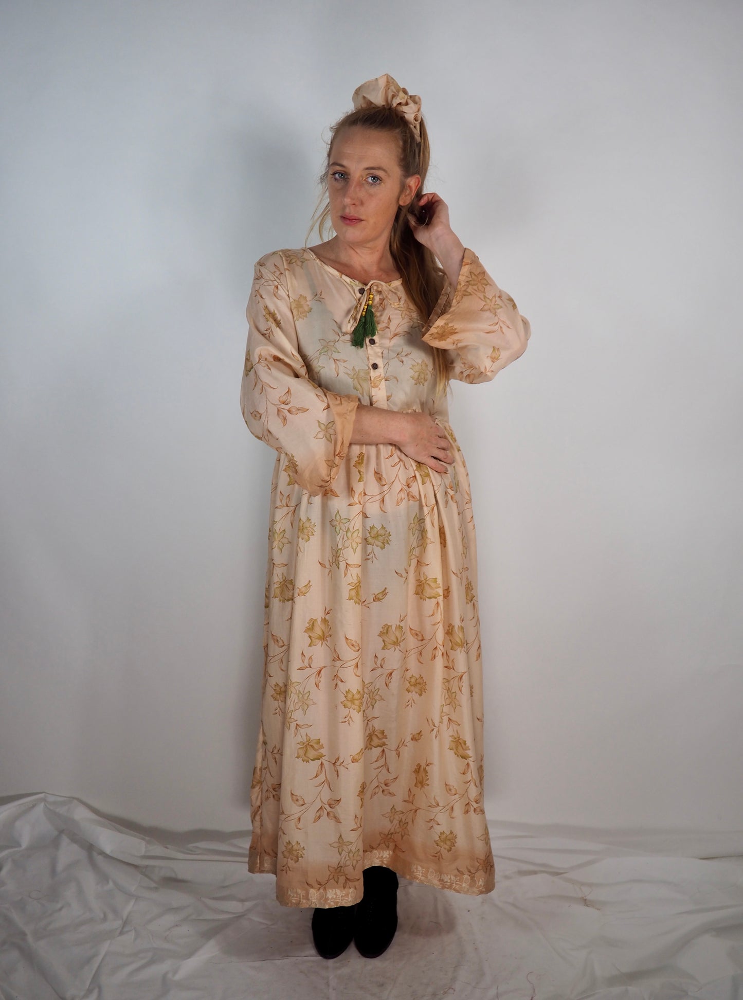 The Vadella Up-cycled Vintage Re-cycled Sari Maxi Dress – Sustainable Boho Dress with Tie Neck Detail + Matching Scrunchy & Bag