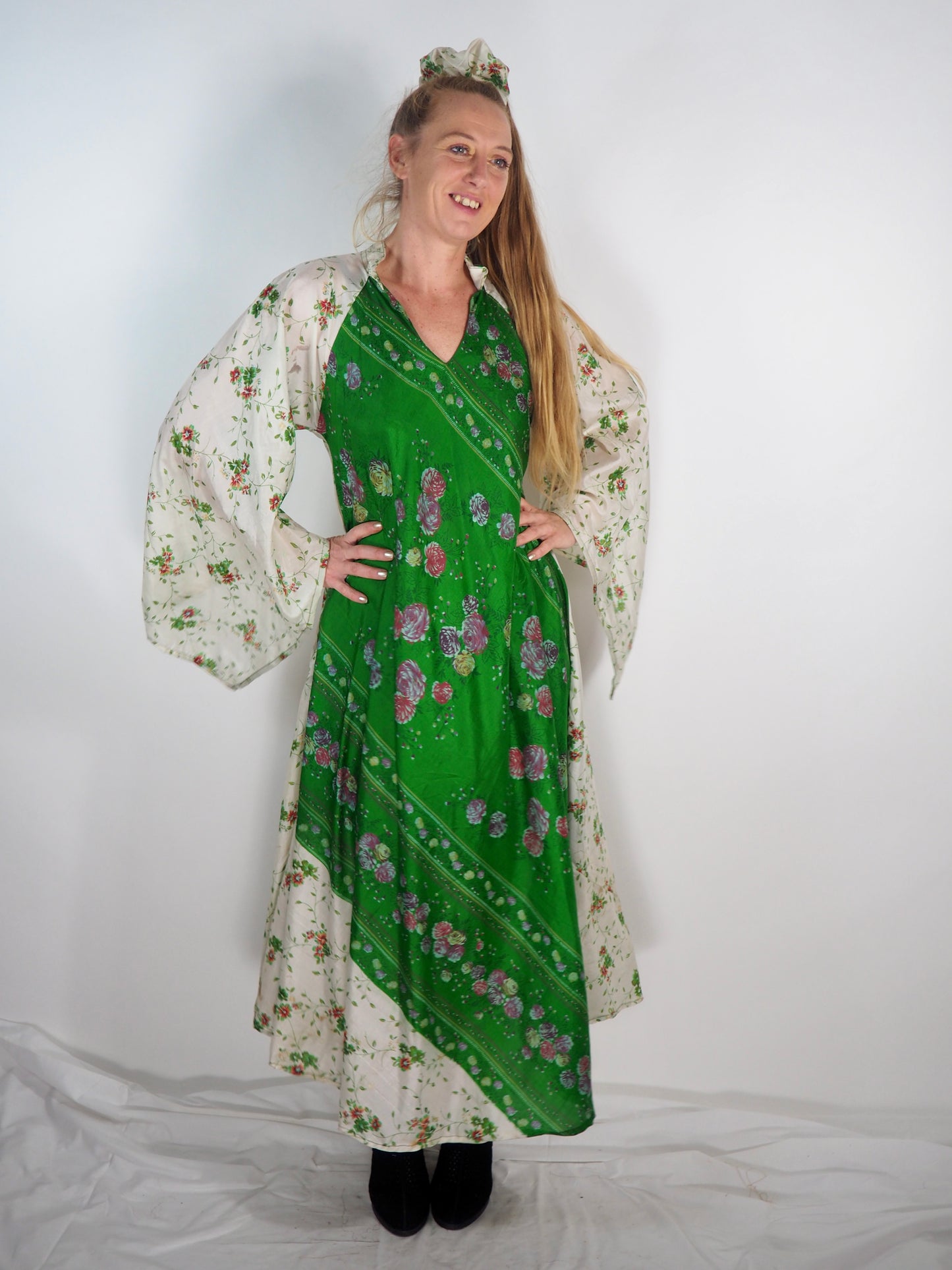 The Diamond Bias-Cut Maxi Dress – Up-cycled Vintage Sari Sustainable Dress with angel Sleeves + Matching Scrunchy & Bag