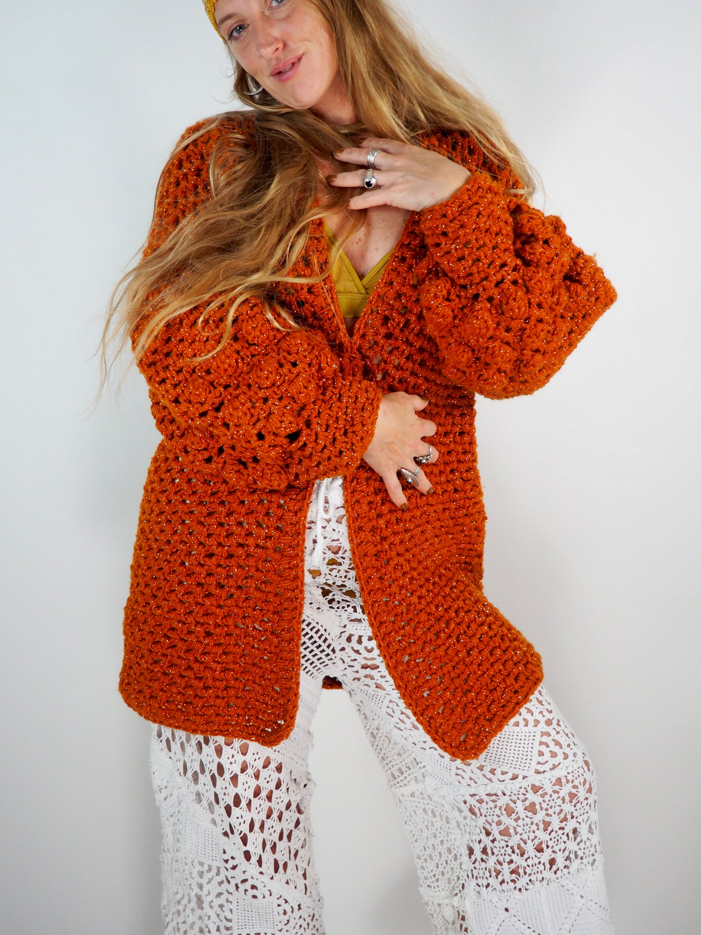 Introducing the Handmade Chunky Oversized Sleeve Sparkly Orange Cardigan