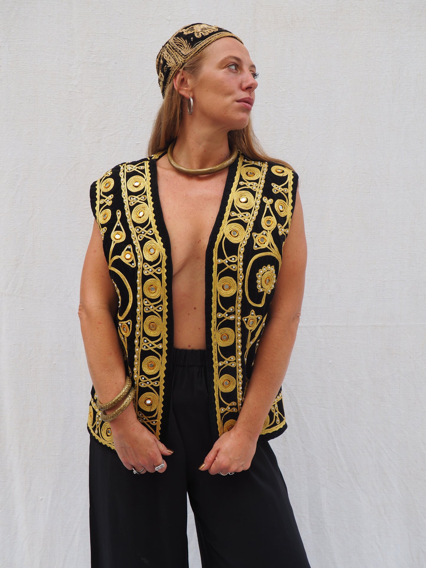 Vintage Black Velvet Waistcoat with Gold Embroidery