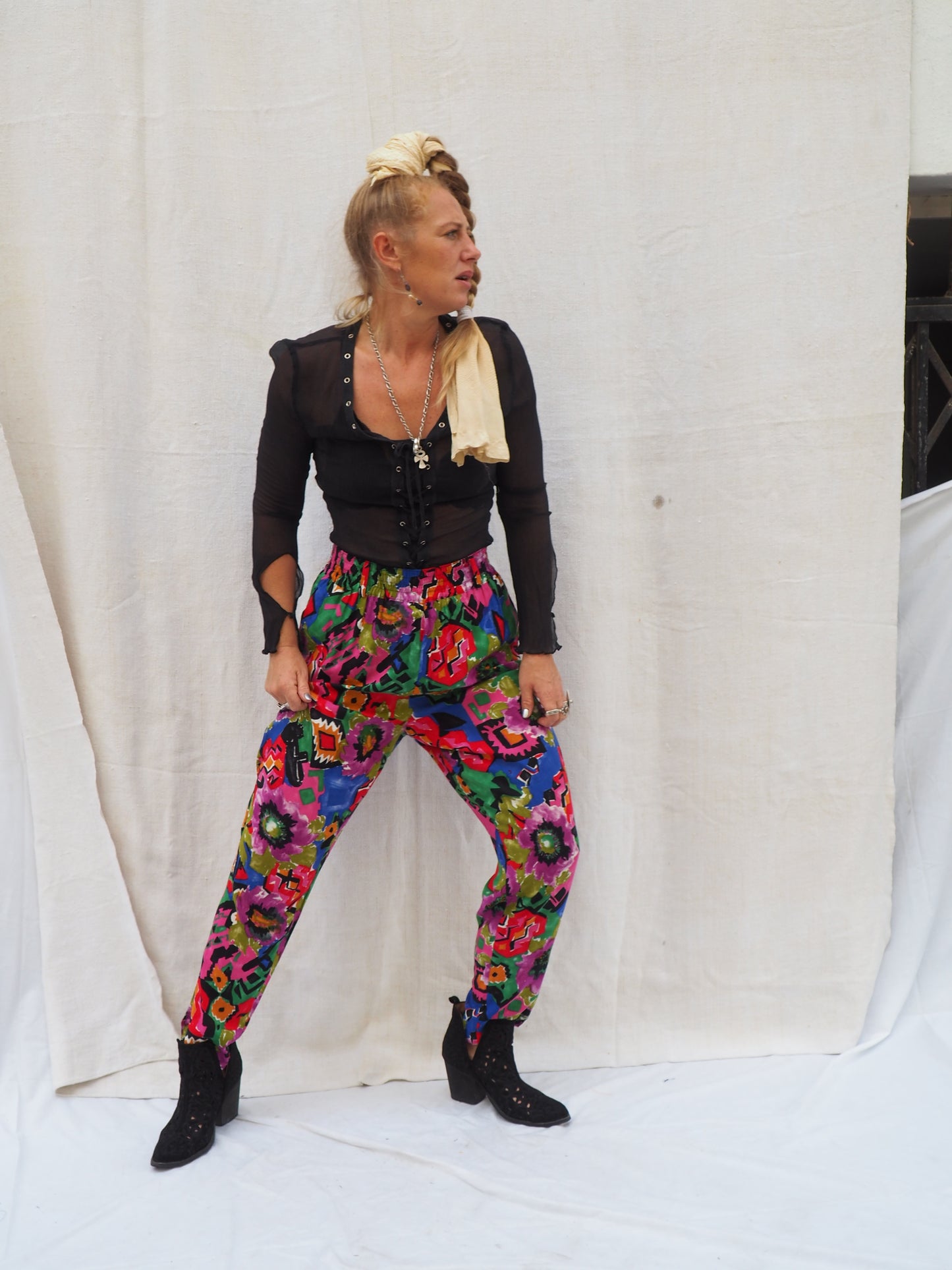 Vintage 1980s Colorful Cotton Printed Pants – Retro Geometric & Floral High-Waisted Trousers