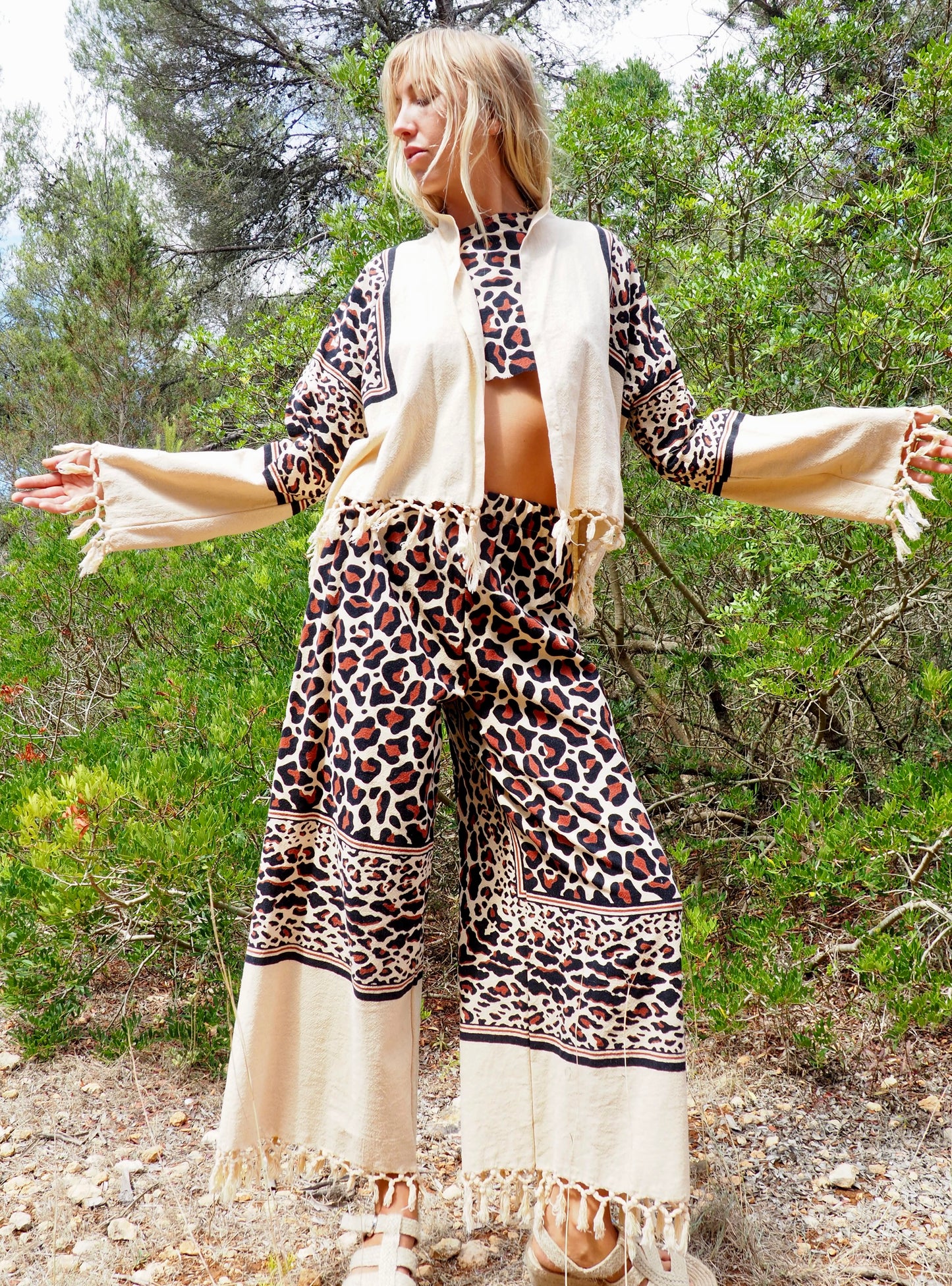 Up-cycled cotton black and cream animal print cropped jacket with tassels made by Vagabond Ibiza