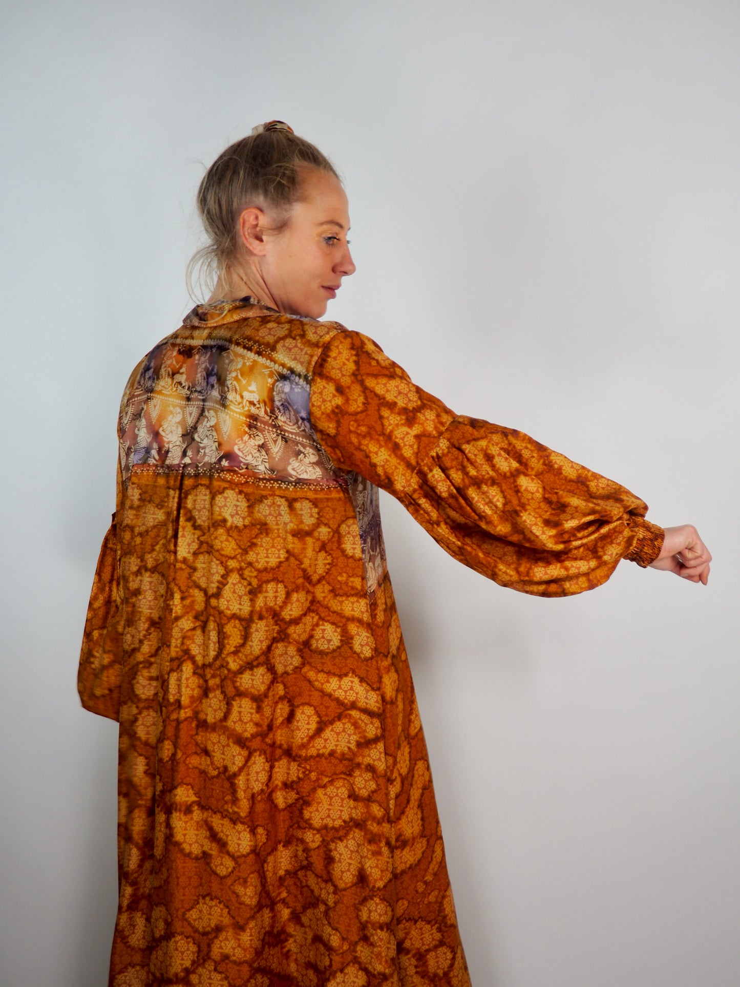 The Lenya Up-cycled Vintage Sari Dress – Sustainable Boho Dress with Oversized Sleeves Matching Scrunchy & Storage Bag