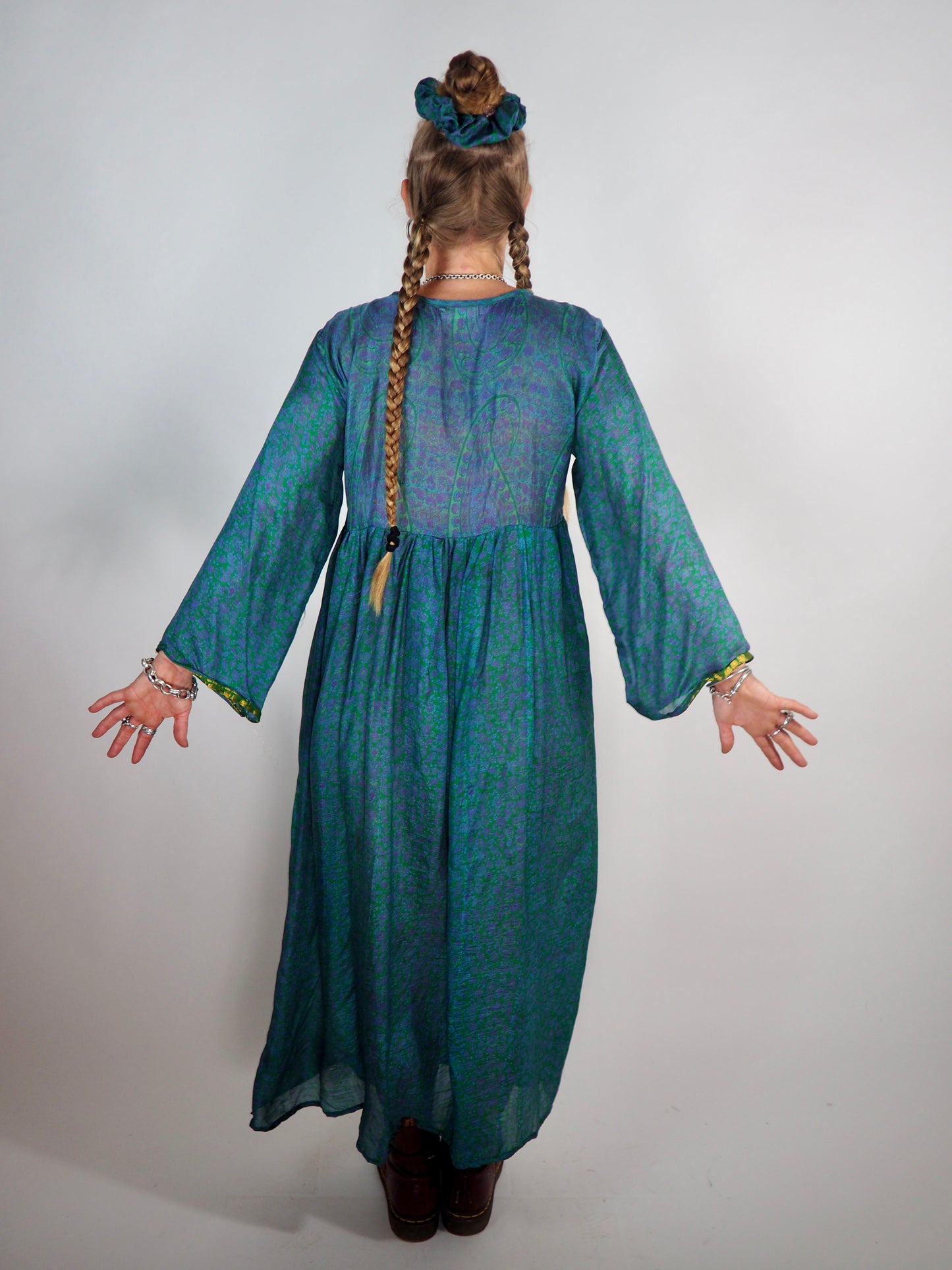 The Vadella Up-cycled Vintage Re-cycled Sari Maxi Dress – Sustainable Boho Dress with Tie Neck Detail + Matching Scrunchy & Bag