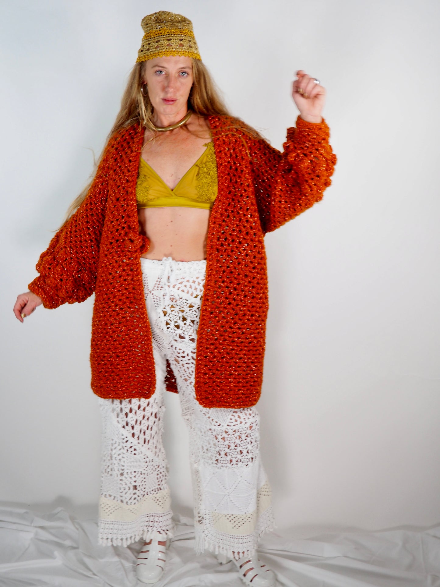 Introducing the Handmade Chunky Oversized Sleeve Sparkly Orange Cardigan