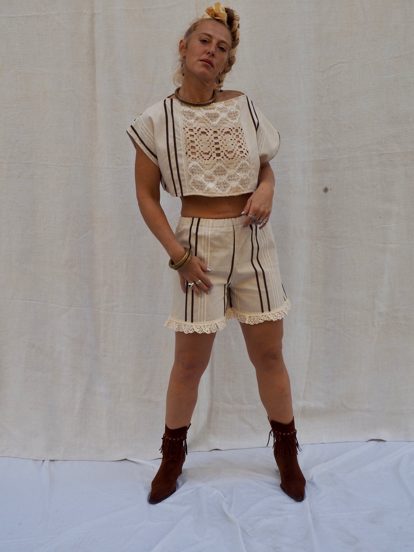 Up-cycled Vintage Linen Cropped T-Shirt with Lace Paneling & Capped Sleeves – Handmade by Vagabond Ibiza