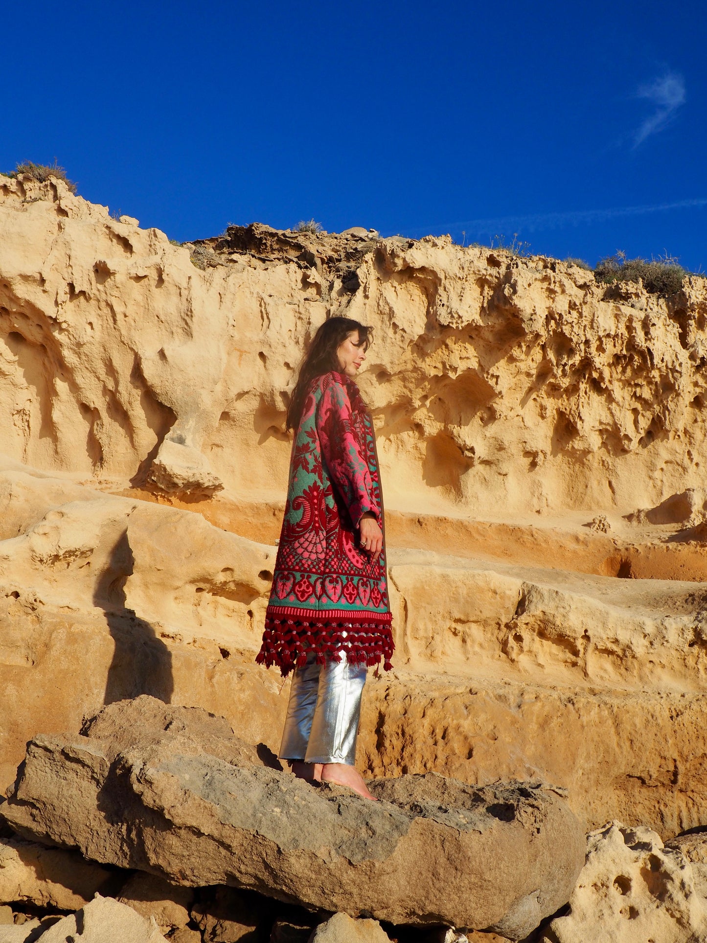 Amazing vintage woven tapestry jacket with insane oversize tassel trim up-cycled by Vagabond Ibiza