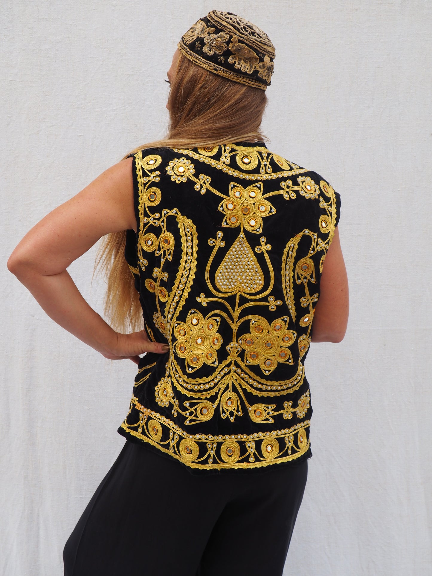 Vintage Black Velvet Waistcoat with Gold Embroidery