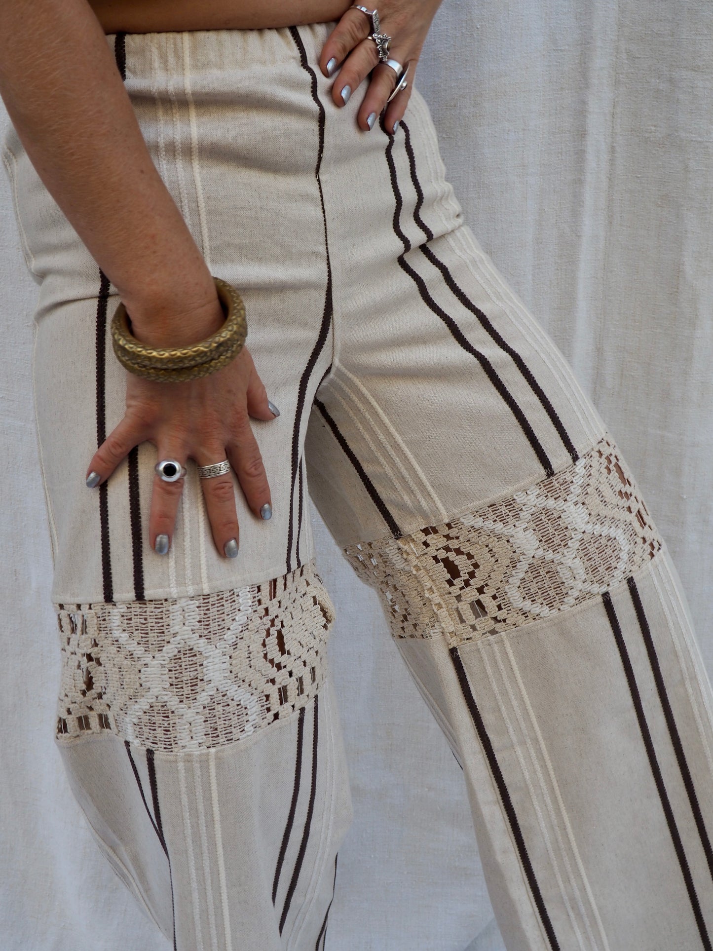 Up-cycled Vintage Linen & Crochet Patchwork Pants – Handmade by Vagabond Ibiza