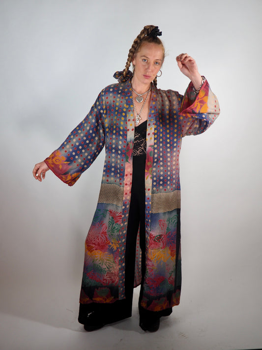 The Kardash Long Kimono – Up-cycled Vintage Sari long Kimono Robe with Waist Tie + Matching Scrunchy & Storage Bag