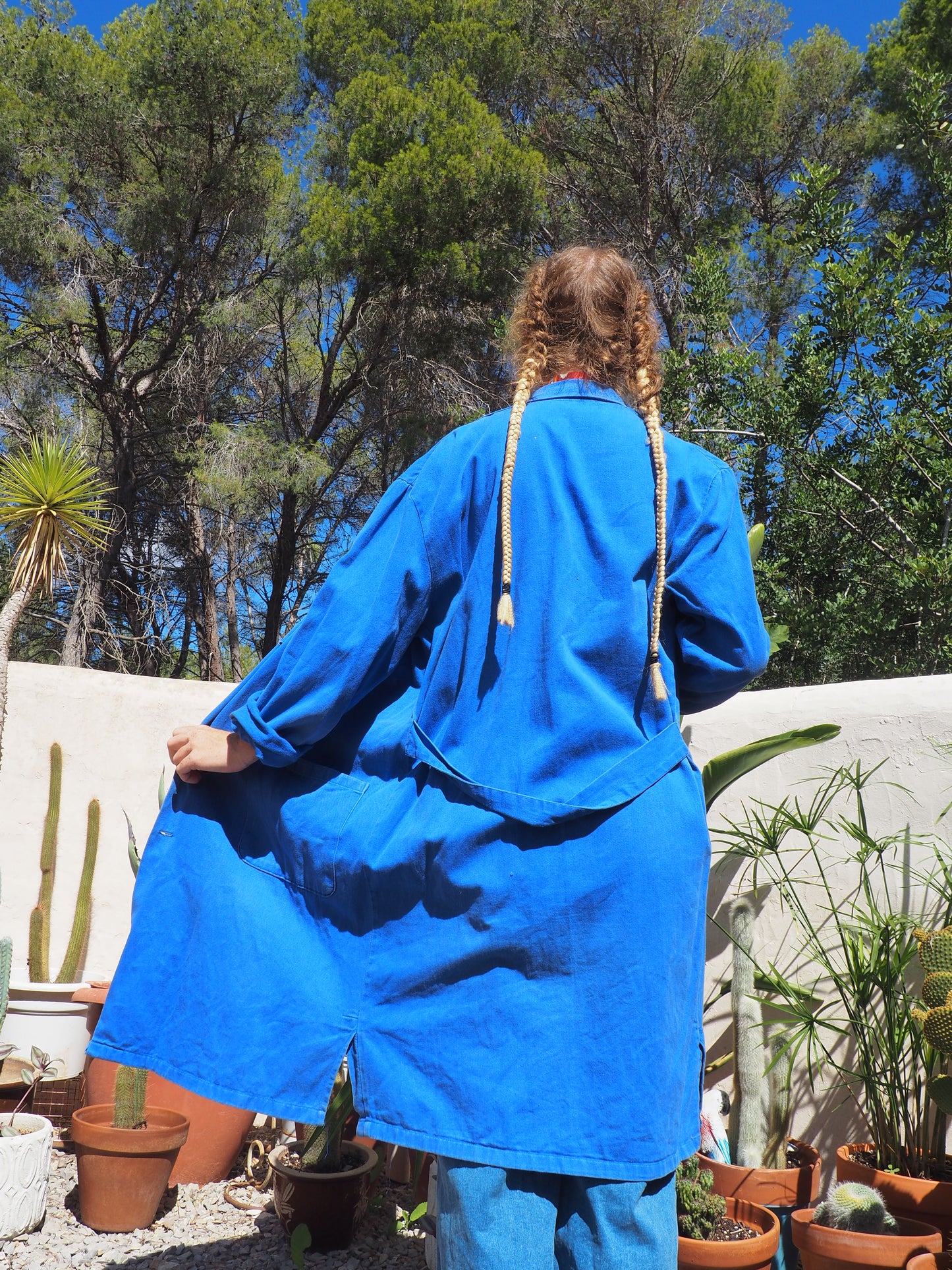 Vintage French blue cotton long work wear jacket with pockets and buttons up the front super cool