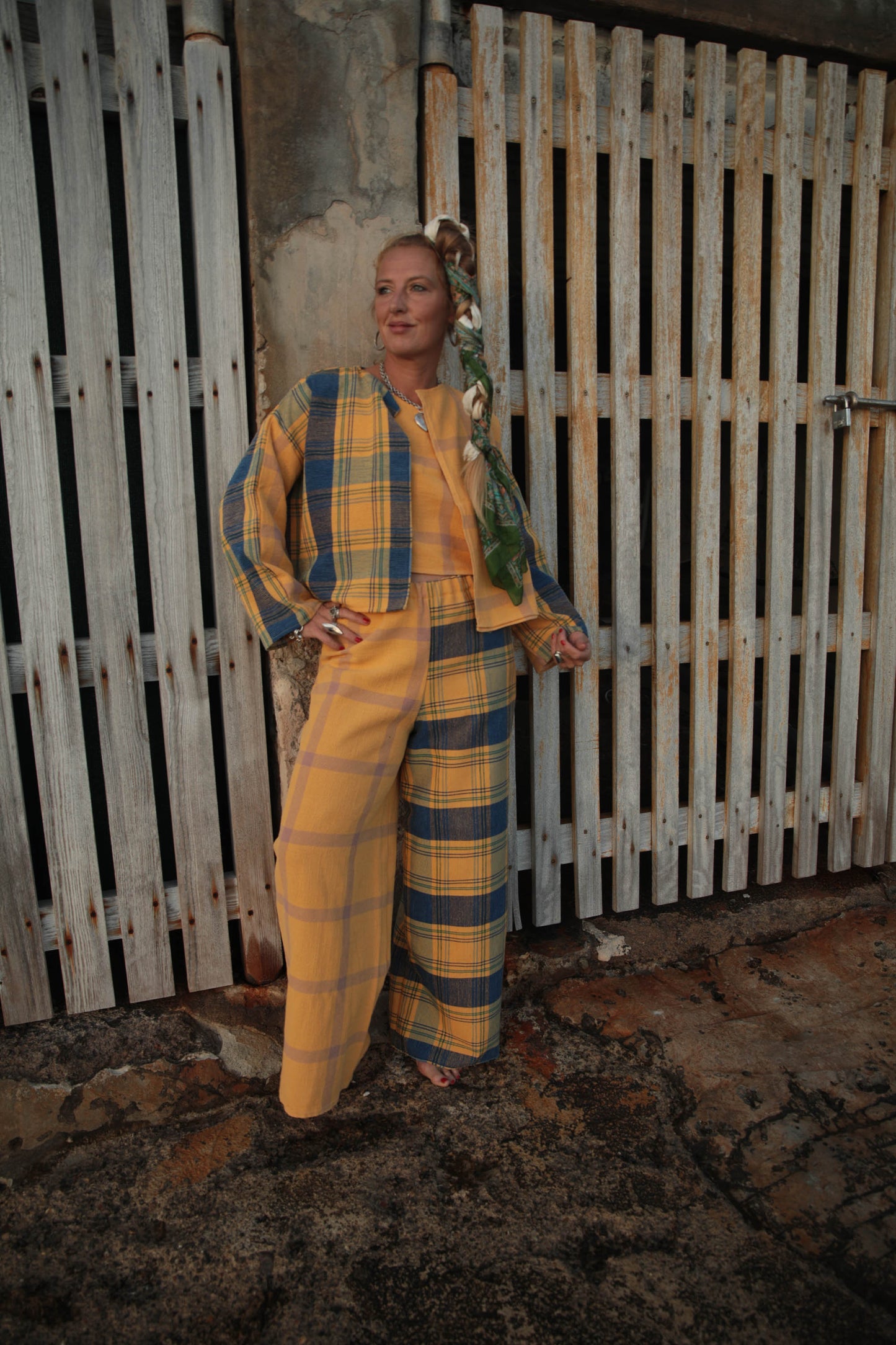 Up-cycled vintage cotton 3 piece set top and pants and short jackets set made from vintage textiles patch together with a yellow and blue checked design.