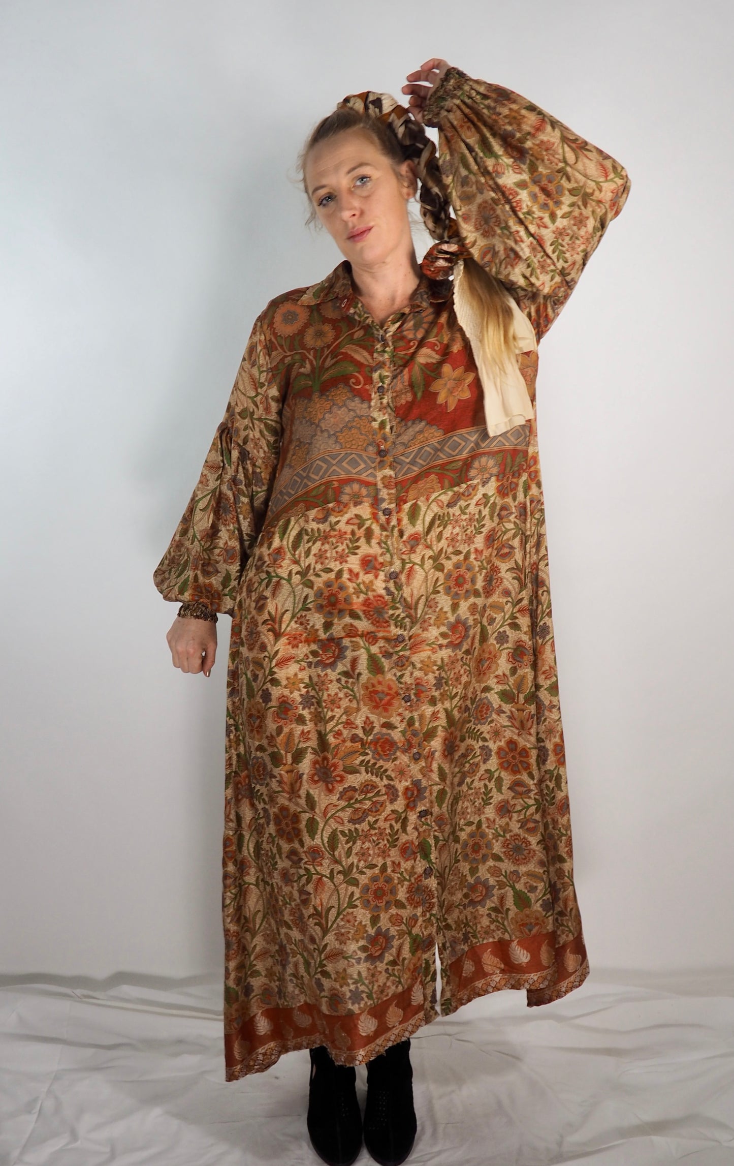 The Lenya Up-cycled Vintage Sari Dress – Sustainable Boho Dress with Oversized Sleeves Matching Scrunchy & Storage Bag