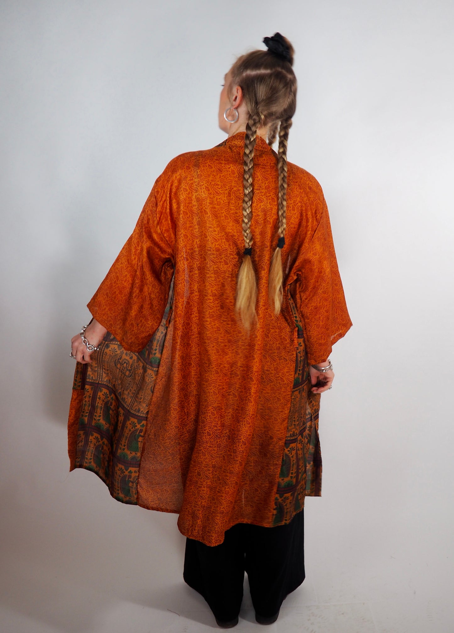 The Kardash Medium-Length Kimono – Up-cycled Vintage Sari Kimono Jacket with Waist Tie + Matching Scrunchy & Storage Bag