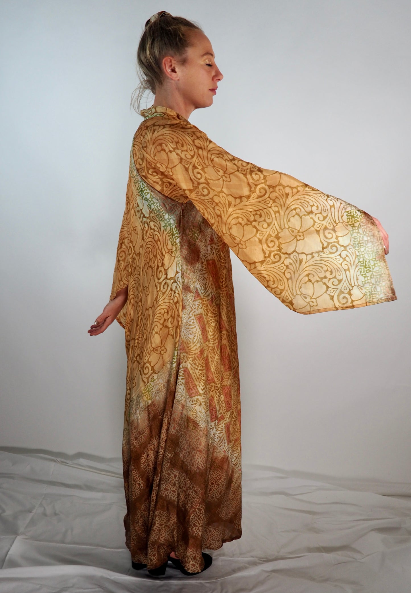 The Diamond Bias-Cut Maxi Dress – Up-cycled Vintage Sari Sustainable Dress with angel Sleeves + Matching Scrunchy & Bag