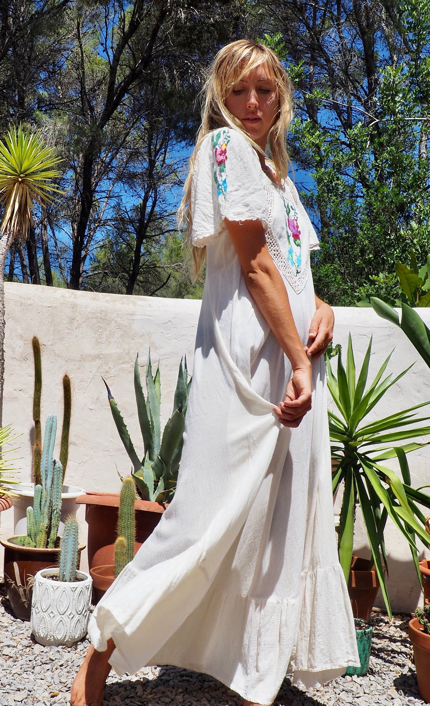 Original vintage 1970’s super fine cotton bohemian maxi dress with hand embroidered and cut out crochet details