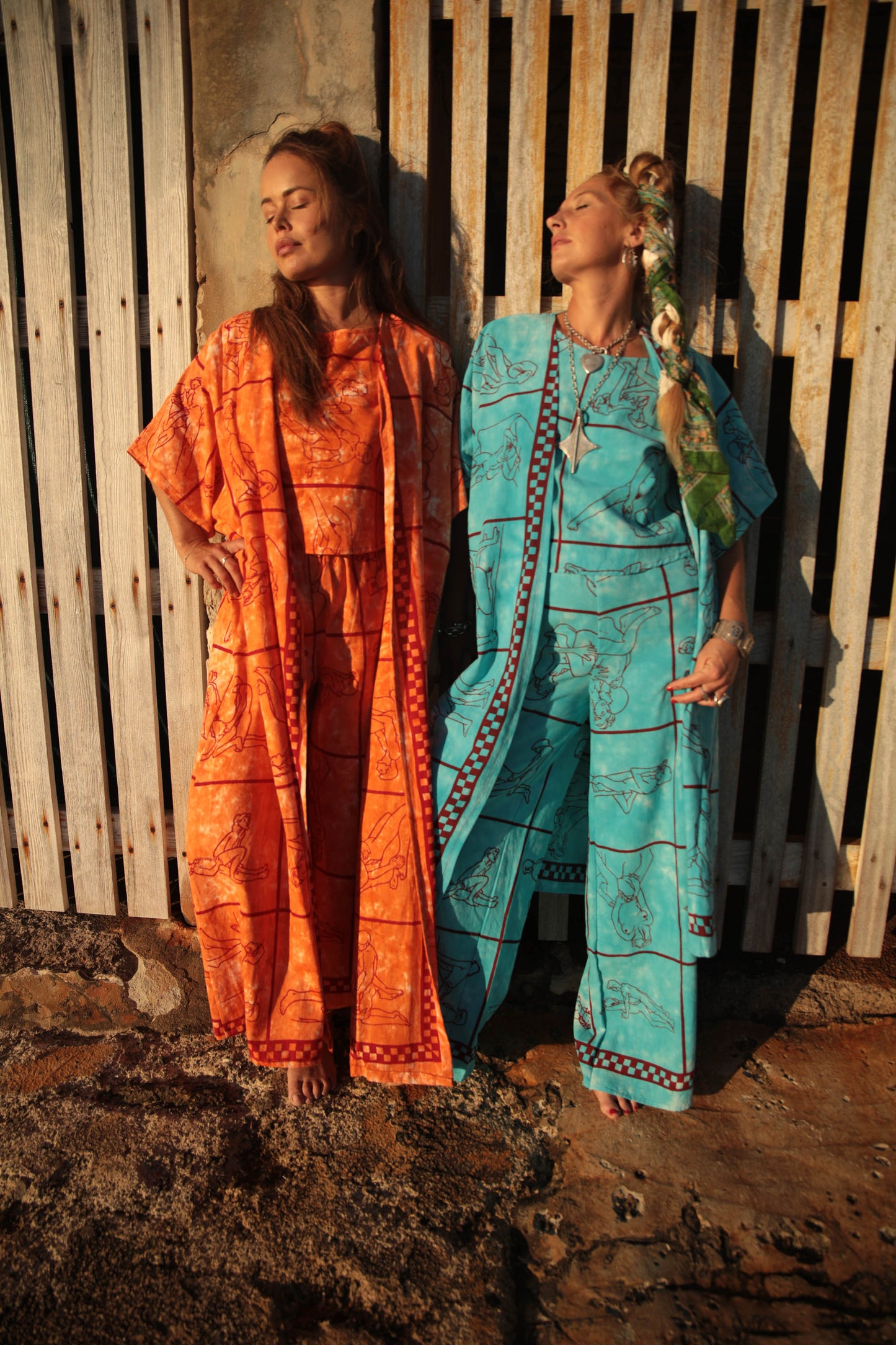 Up-cycled vintage cotton 3 piece set top and pants and mid length kimono cover up with printed karma sutra design in bright orange