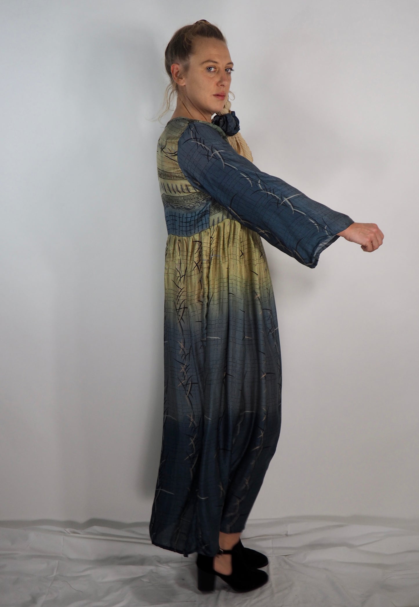 The Vadella Up-cycled Vintage Re-cycled Sari Maxi Dress – Sustainable Boho Dress with Tie Neck Detail + Matching Scrunchy & Bag