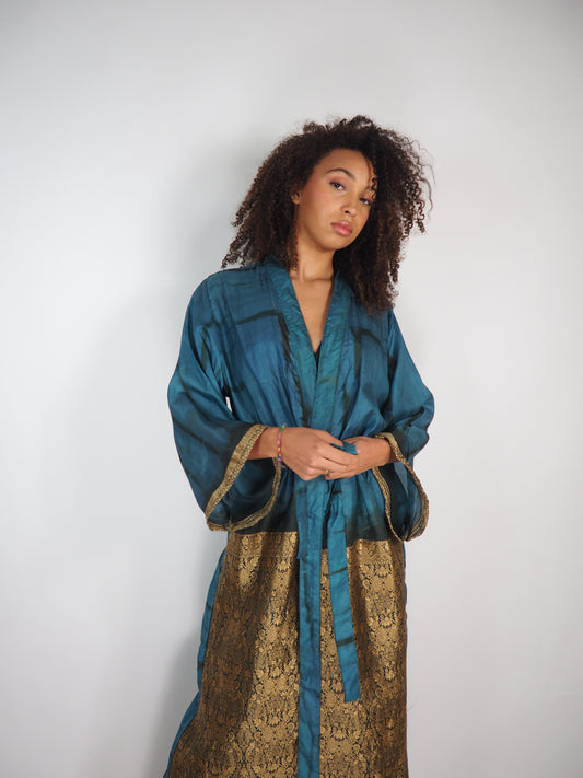 The Kardash Long Kimono – Up-cycled Vintage Sari long Kimono Robe with Waist Tie + Matching Scrunchy & Storage Bag