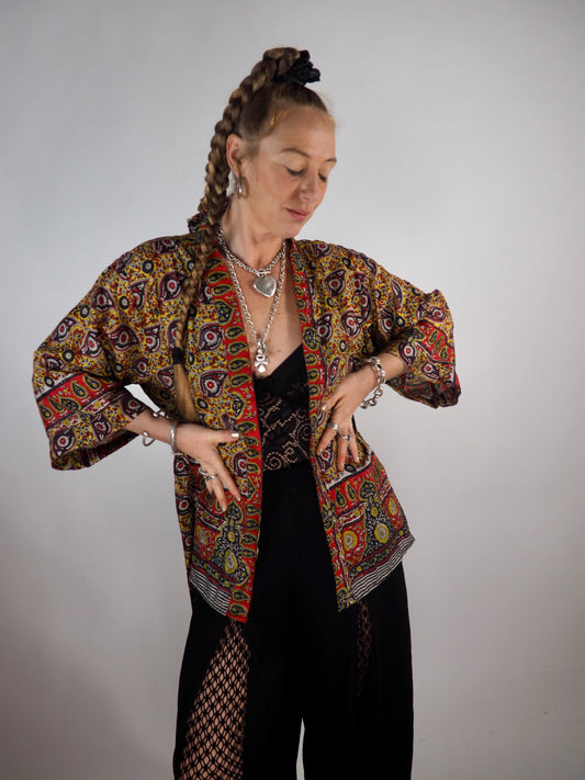 The Kardash Short Kimono – Vintage Re-cycled Sari Kimono Jacket with Waist Tie + Matching Scrunchy & Storage Bag