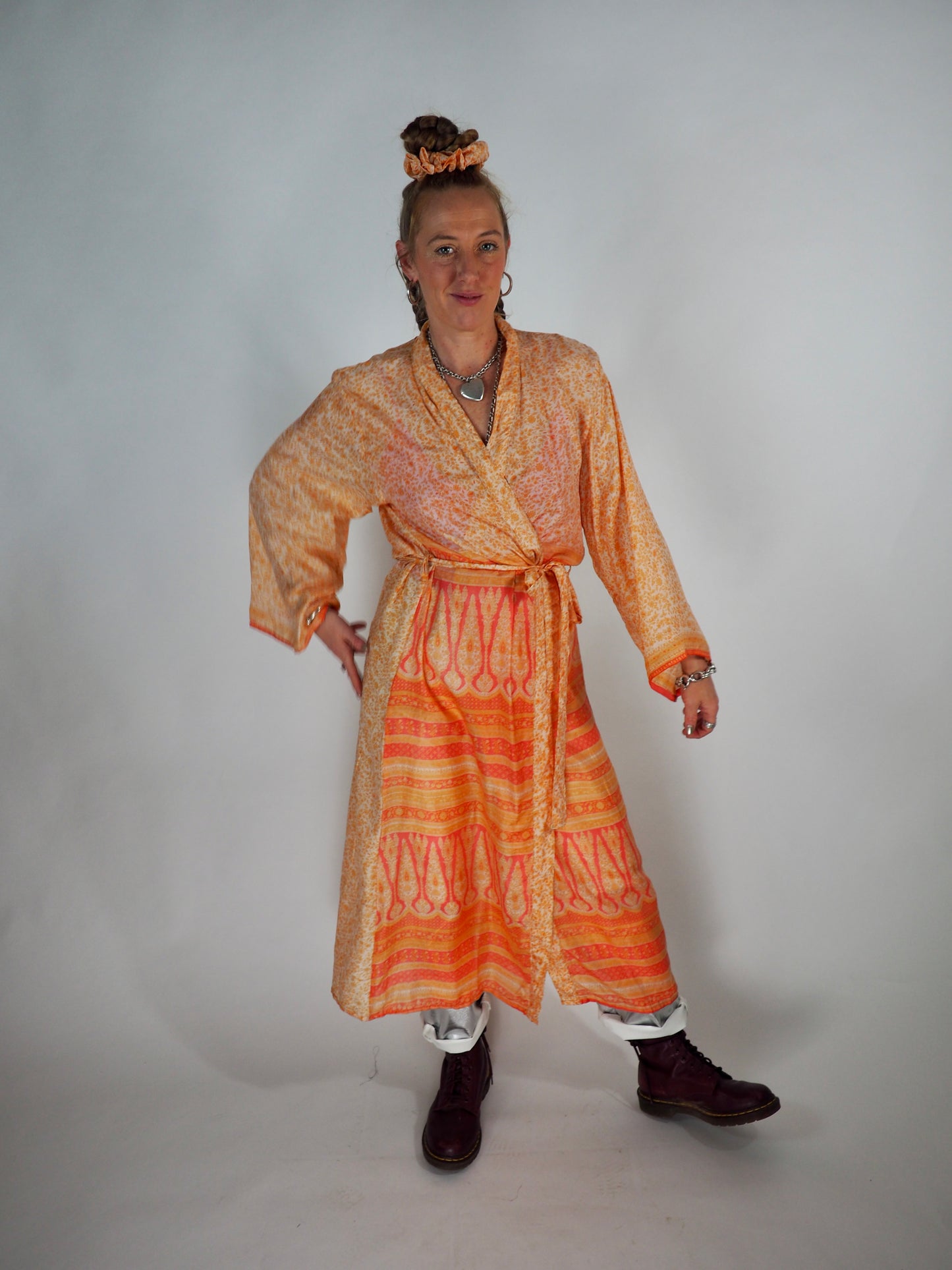 The Kardash Long Kimono – Up-cycled Vintage Sari long Kimono Robe with Waist Tie + Matching Scrunchy & Storage Bag