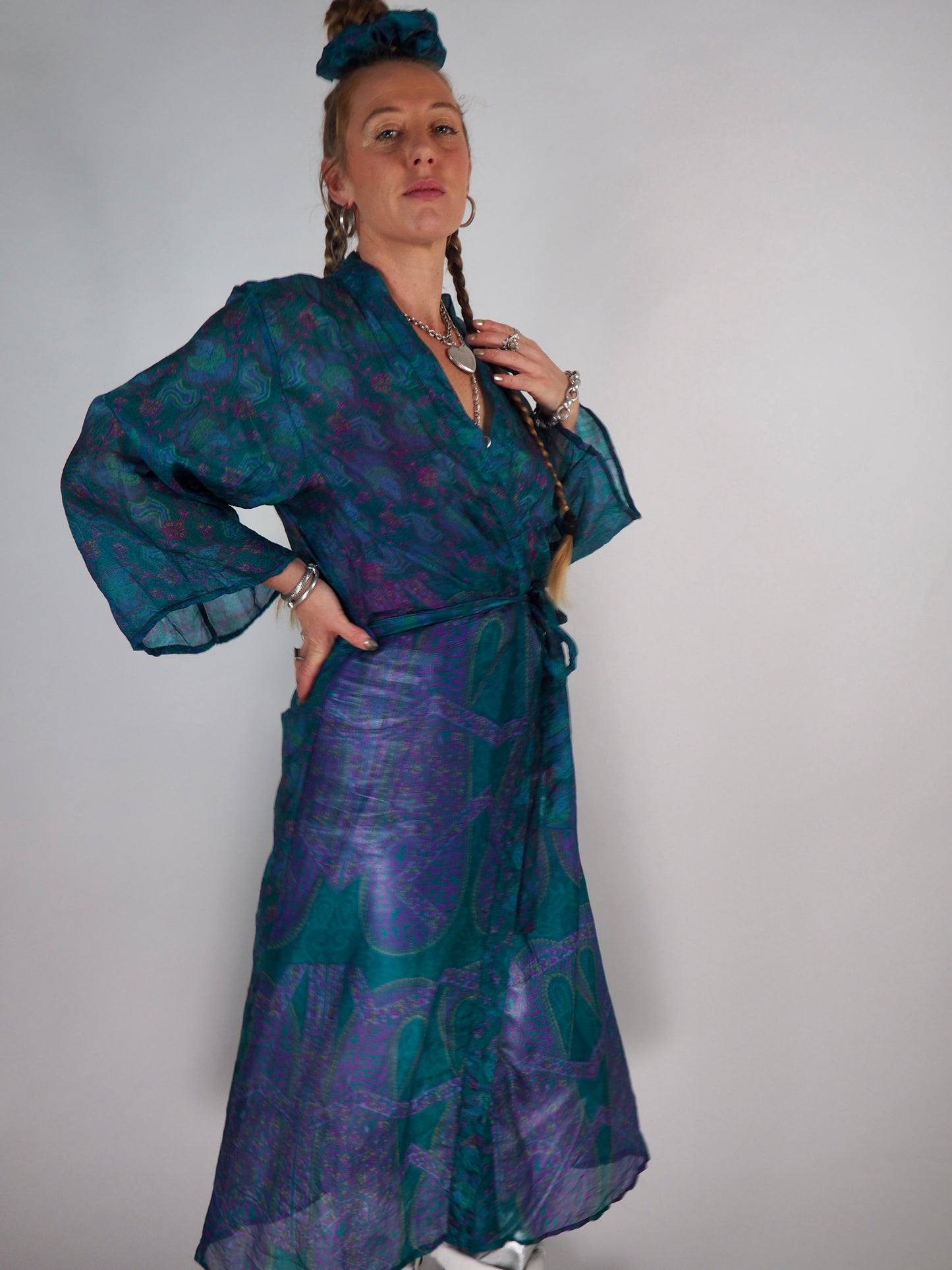 The Kardash Long Kimono – Up-cycled Vintage Sari long Kimono Robe with Waist Tie + Matching Scrunchy & Storage Bag