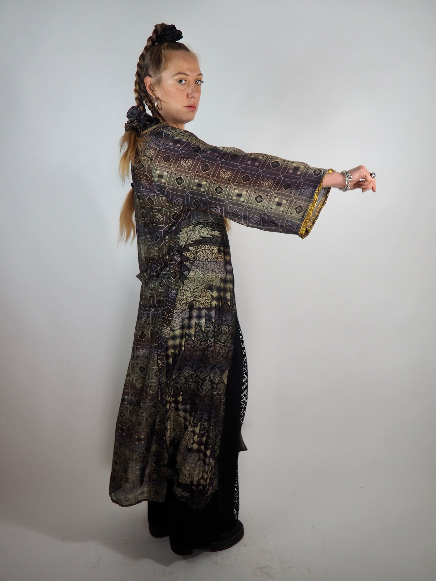 The Kardash Long Kimono – Up-cycled Vintage Sari long Kimono Robe with Waist Tie + Matching Scrunchy & Storage Bag