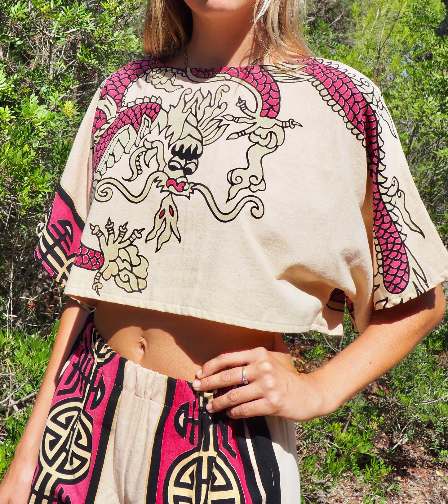 Up-cycled vintage cotton top cream and pink with dragon design by Vagabond Ibiza