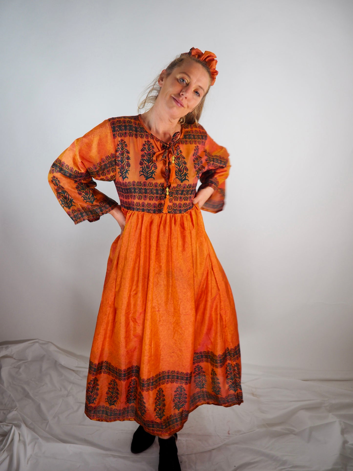 The Vadella Up-cycled Vintage Re-cycled Sari Maxi Dress – Sustainable Boho Dress with Tie Neck Detail + Matching Scrunchy & Bag