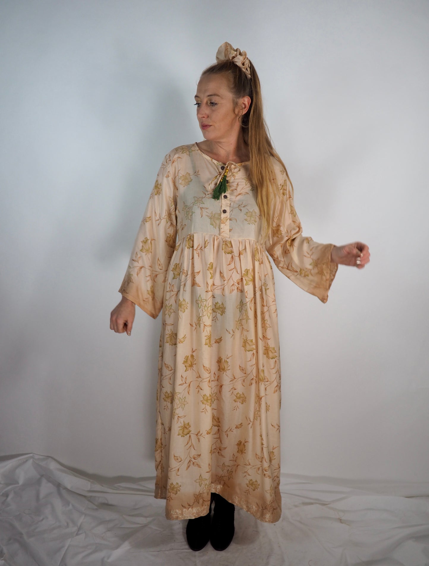 The Vadella Up-cycled Vintage Re-cycled Sari Maxi Dress – Sustainable Boho Dress with Tie Neck Detail + Matching Scrunchy & Bag