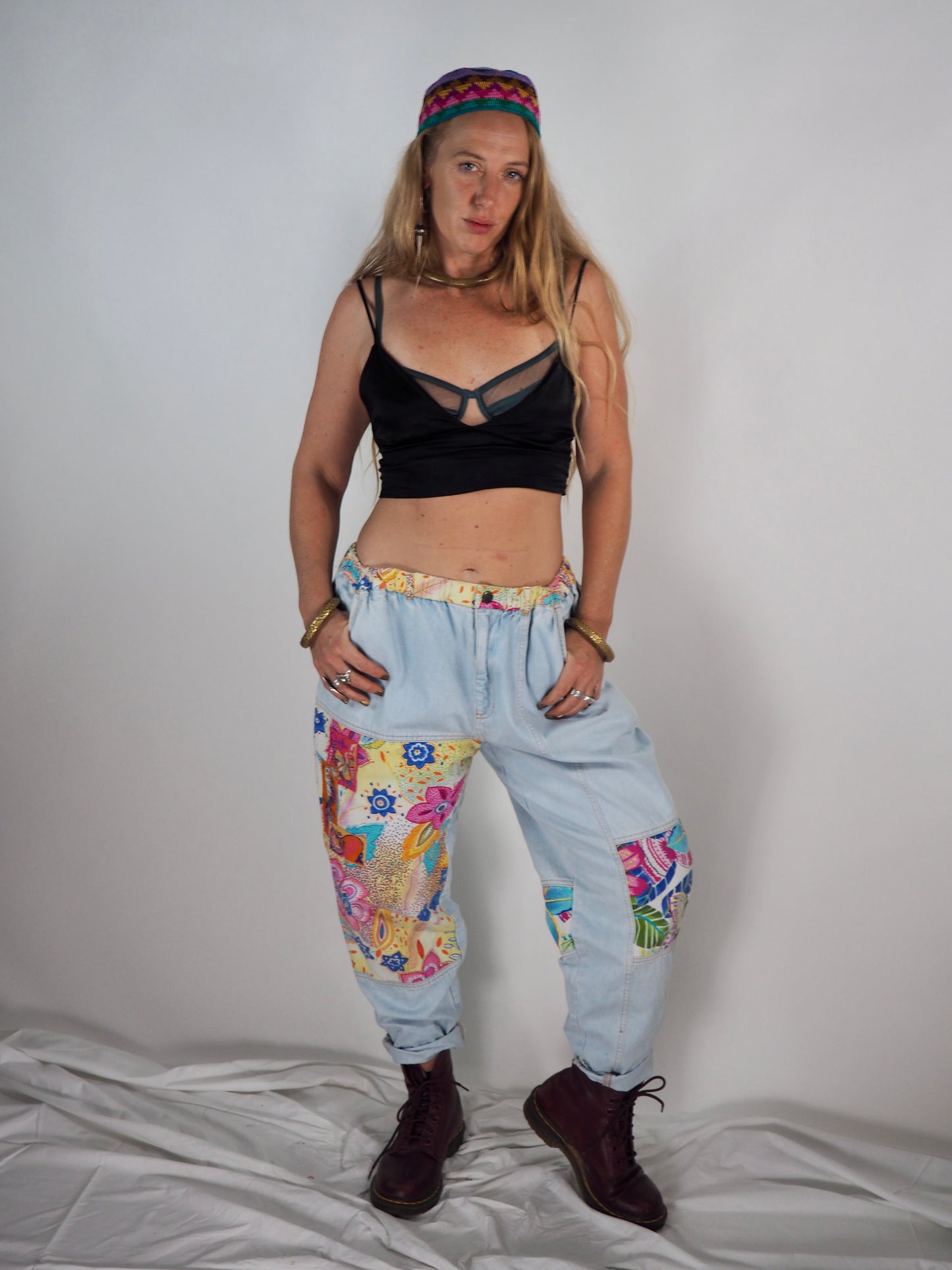 Vintage 1980s Denim Patchwork Pants a bold and playful statement piece