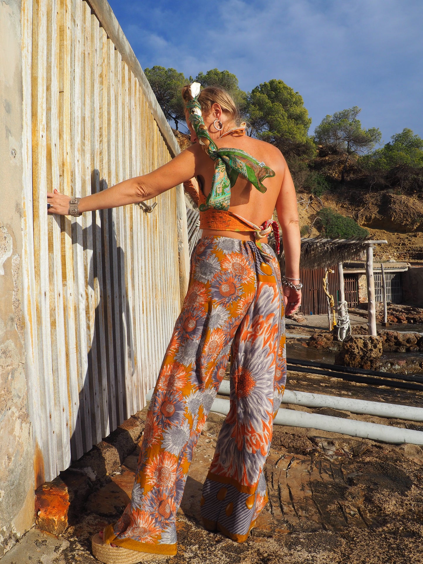 Wide leg pants with elastic waste made by vagabond Ibiza from vintage fabric off cuts