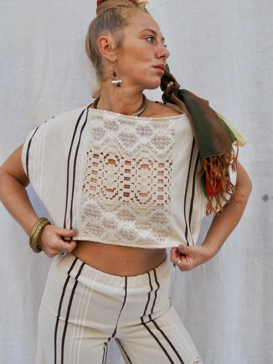 Up-cycled Vintage Linen Cropped T-Shirt with Lace Paneling & Capped Sleeves – Handmade by Vagabond Ibiza