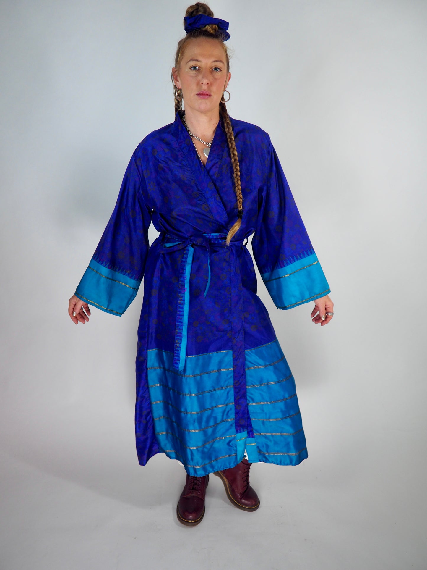 The Kardash Long Kimono – Up-cycled Vintage Sari long Kimono Robe with Waist Tie + Matching Scrunchy & Storage Bag