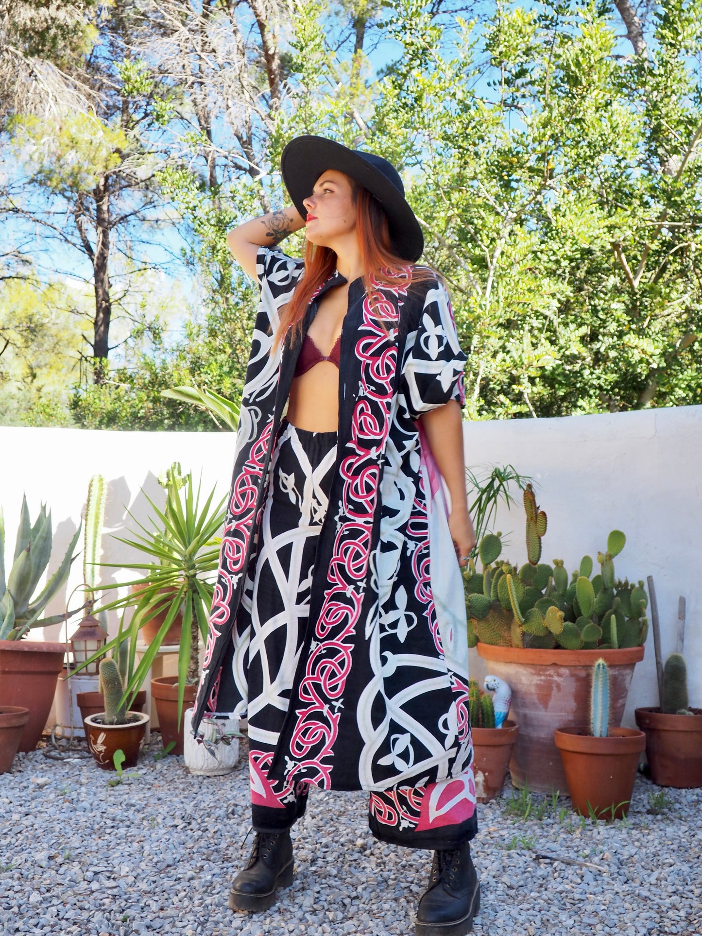 Long oversized waistcoat jacket up-cycled by Vagabond Ibiza from screen printed cotton textiles super cool.