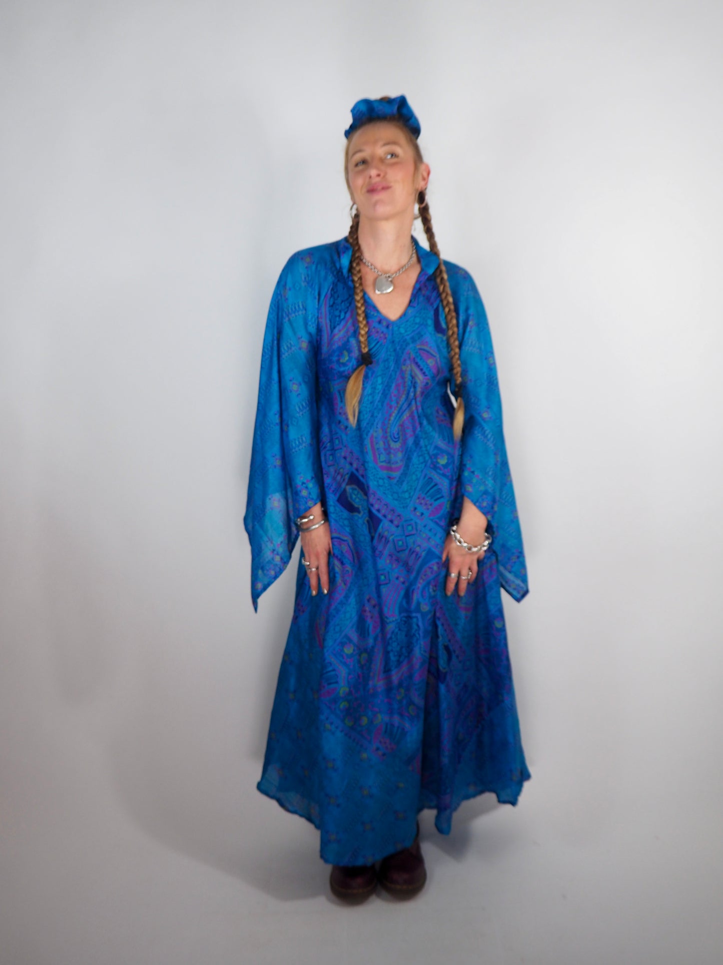 The Diamond Bias-Cut Maxi Dress – Up-cycled Vintage Sari Sustainable Dress with angel Sleeves + Matching Scrunchy & Bag